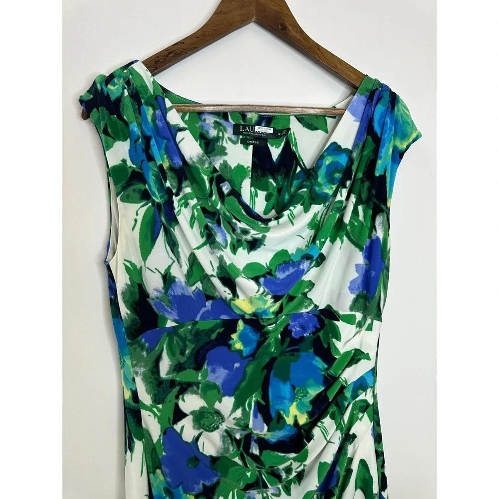 Lauren Ralph Lauren Blue Green Floral Cowl Neck Ruched Sheath Dress Size 12 - Picture 3 of 12